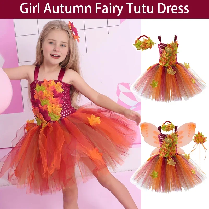 Disfraz de Hada para Niñas, Vestido de Tul de Hada del Bosque Otoñal, Hojas de Arce, Disfraz de Princesa de Tul para Niños, Halloween, Acción de Gracias
