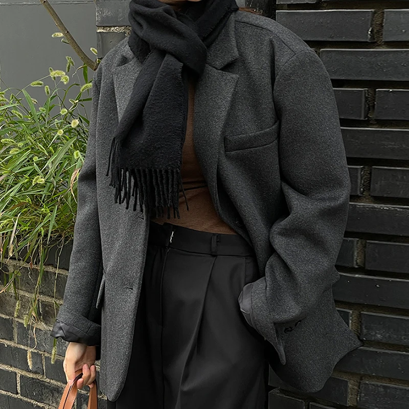  de Lã Cinza Carvão E Outono Inverno Vintage Sensação de Alta Qualidade Corte Solto com Um Botão Casaco Versátil...
