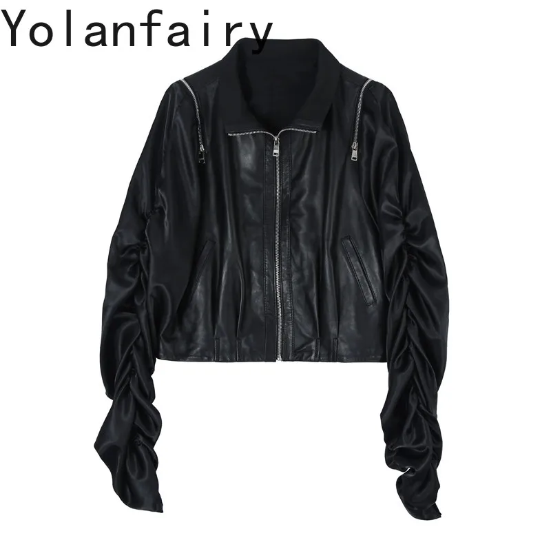 YOLANFAIRY Women 2026 Fall New Short Genuine Sheepskin Leather Jacket Black Bat Sleeve Korean Style Casual Real Leather Coat