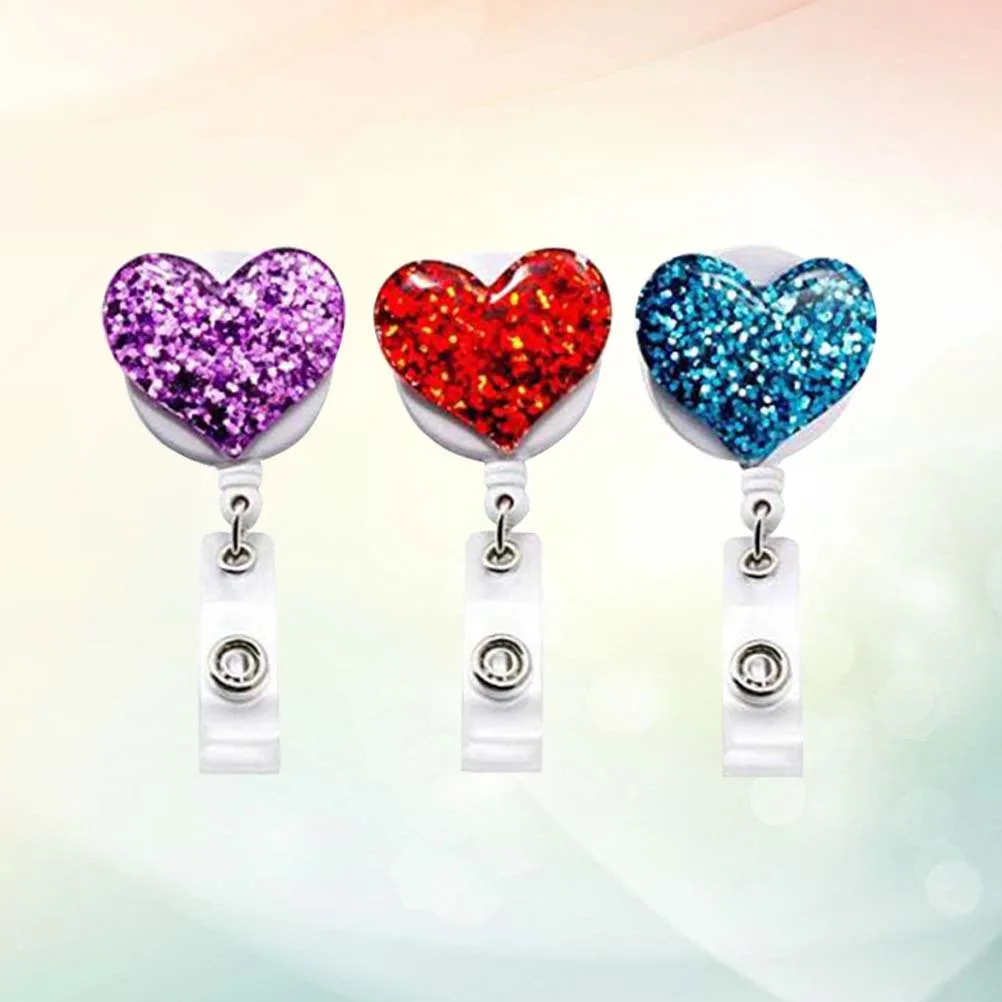 

3pcs Rhinestone Love Heart Shaped Alloy Badge Reels Retractable Id Card Holder For Office Nurses Students Trade Shows Phone