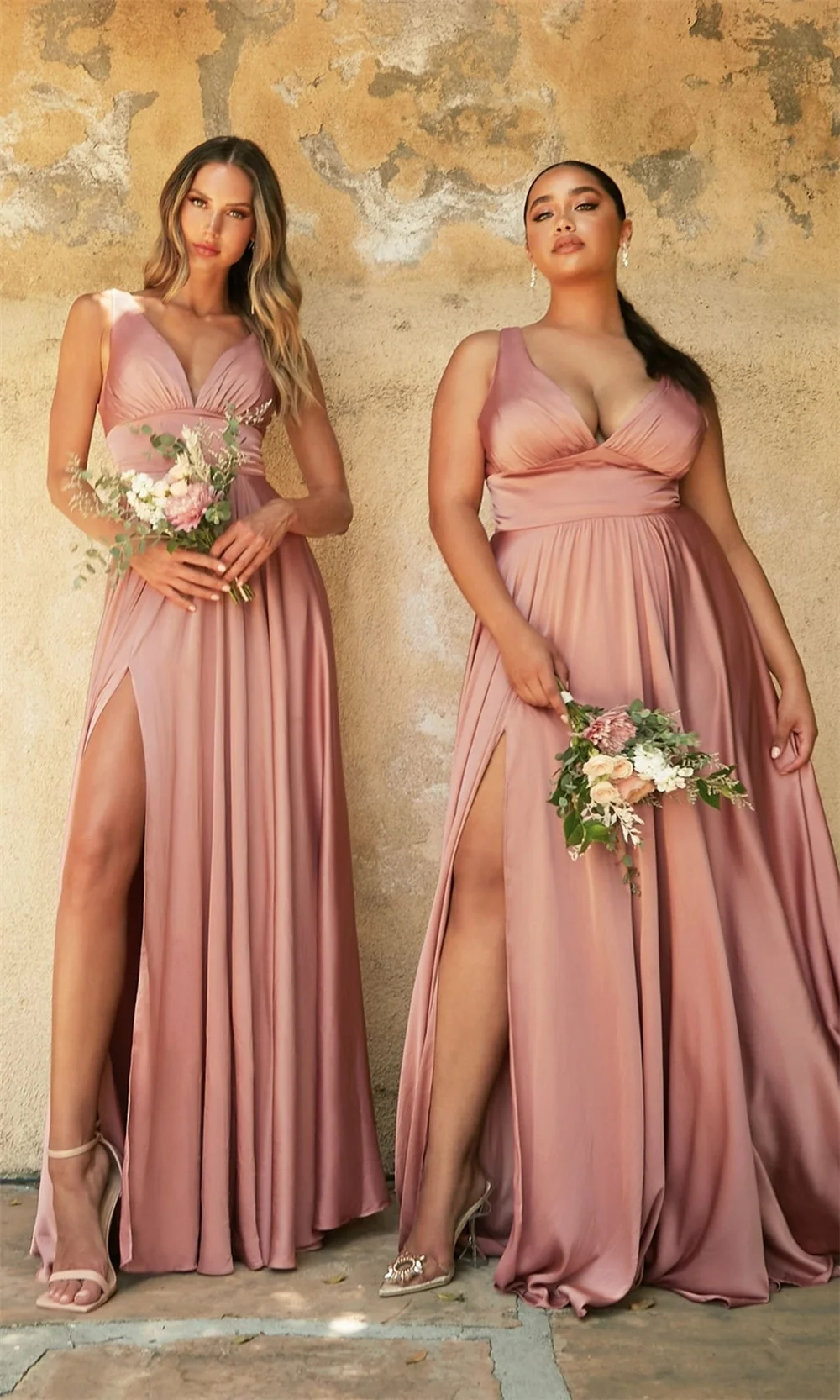 Off the Shoulder V-neck Satin Bridesmaid Dresses With Split Side Sleeveless Backless Evening Gowns A-line Long Corset Ball Gowns