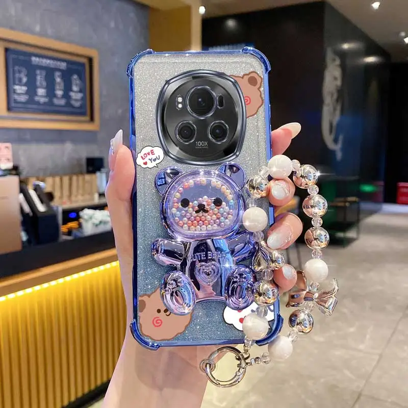 Perle Strap Lanyard Glitter Liebe Bär Telefon Halter Fall Auf Für Huawei Honor Magie 3 4 5 6 7 pro X9B Anti-knock Stand Zurück Abdeckung