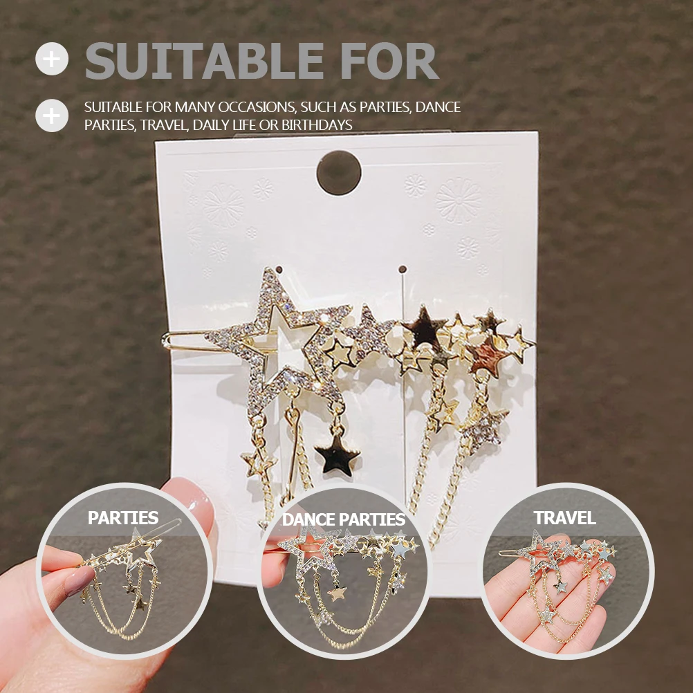 

2Pcs Stars Hair Clip Rhinestone Tassel Barrettes Durable Material Women Girls Headdress Bright Luster Excellent Texture