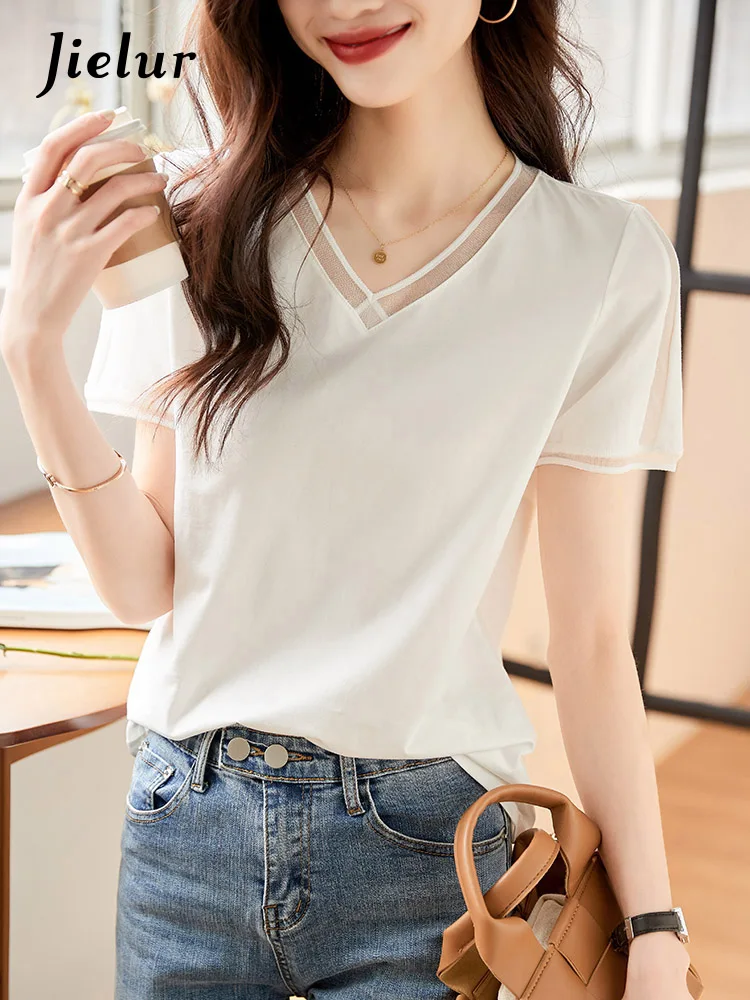 Jielur Summer V-neck White Short Sleeve Blouses New Fansion Elegant Slim Chiffon Women’s Blouse Solid Color Simple Office Ladies