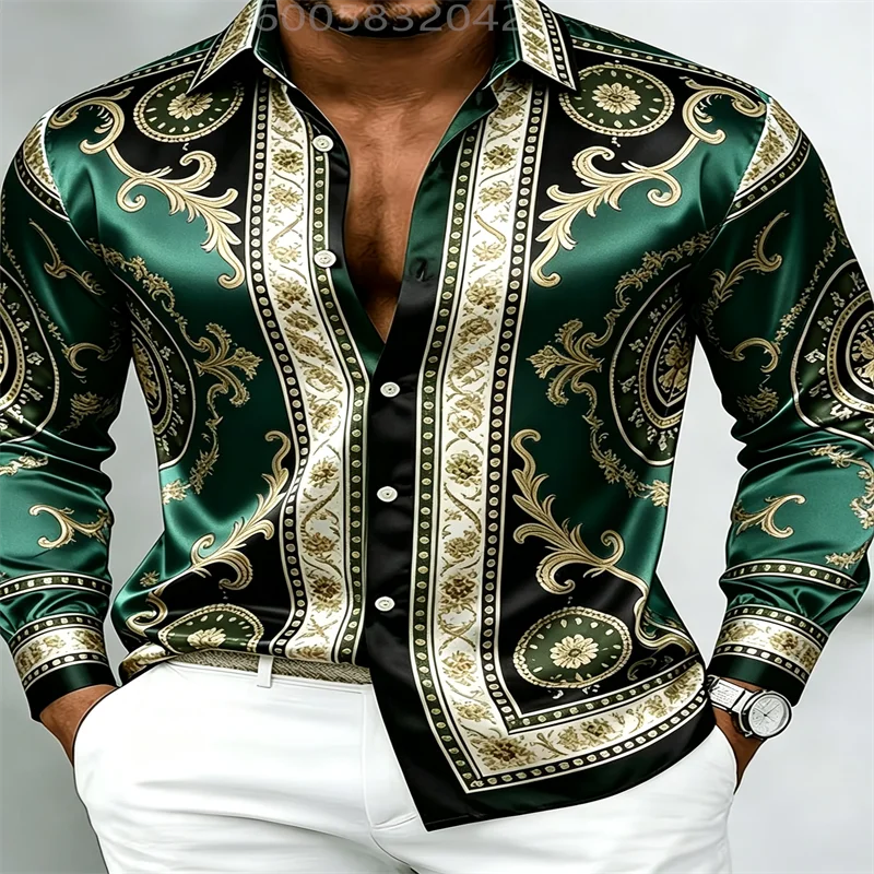 Men Silky Satin Button‑Down Shirt Vintage Silver Baroque Medallion Pattern Long Sleeve Turn‑Down Collar Male Banquet Party Casua