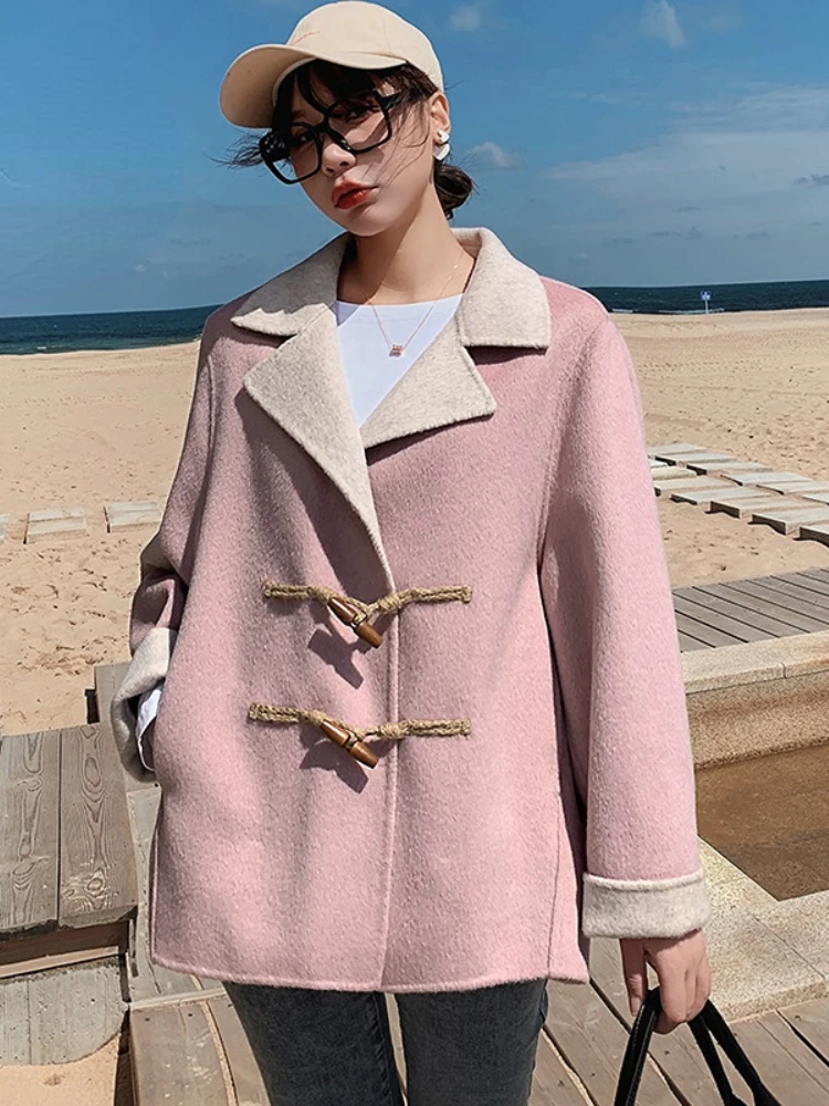 MENINA BONITA 2023 Retro Horn Button Double-sided Wool&Blends Cashmere Coat Women Winter Short Loose Warm Luxury New Streetwear