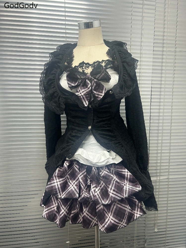 

Хэллоуин Готический Винтаж Элегантный комплект из 3 предметов Женский черный дизайнерский кардиган Y2k + шикарная блузка + клетчатая юбка в стиле ретро с высокой талией 2025