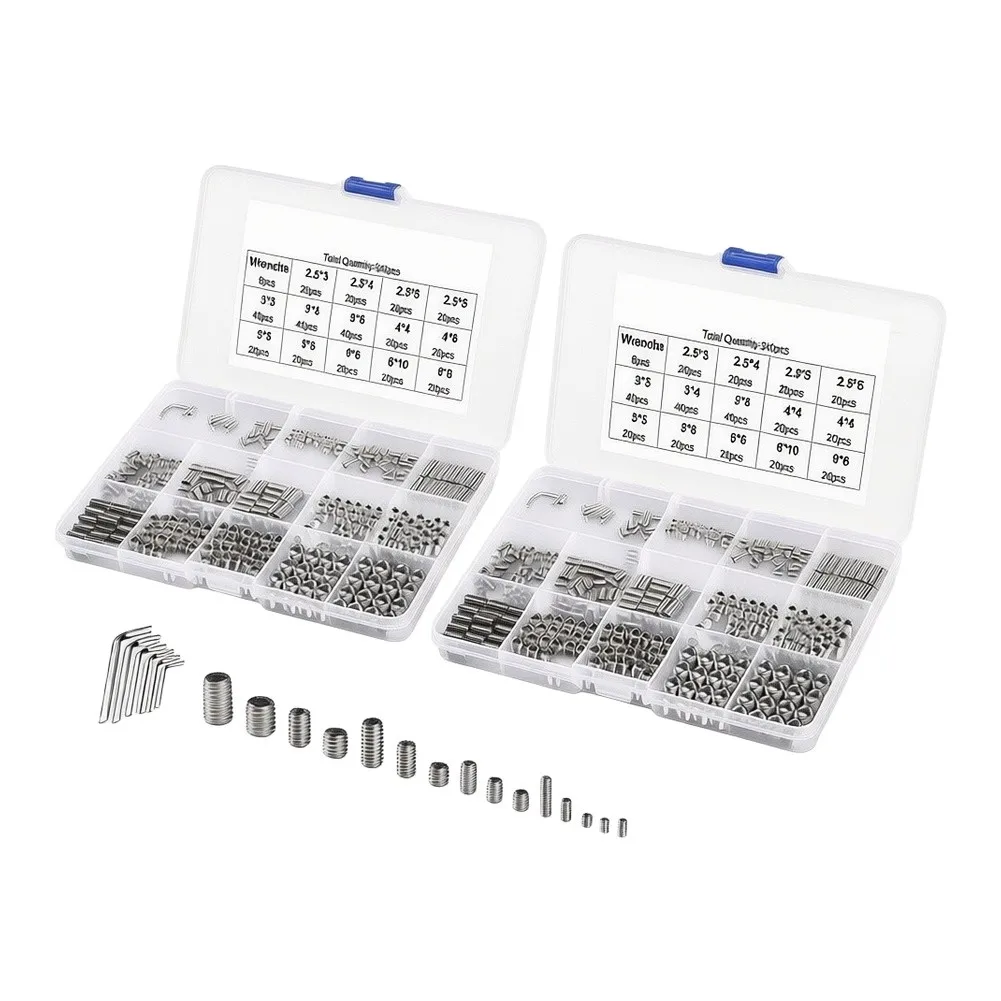340Pcs Stainless Steel Headless Socket Fastener Assortment Kit Hex Fixing Screws With Storage Box For DIY Mechanical Hardware