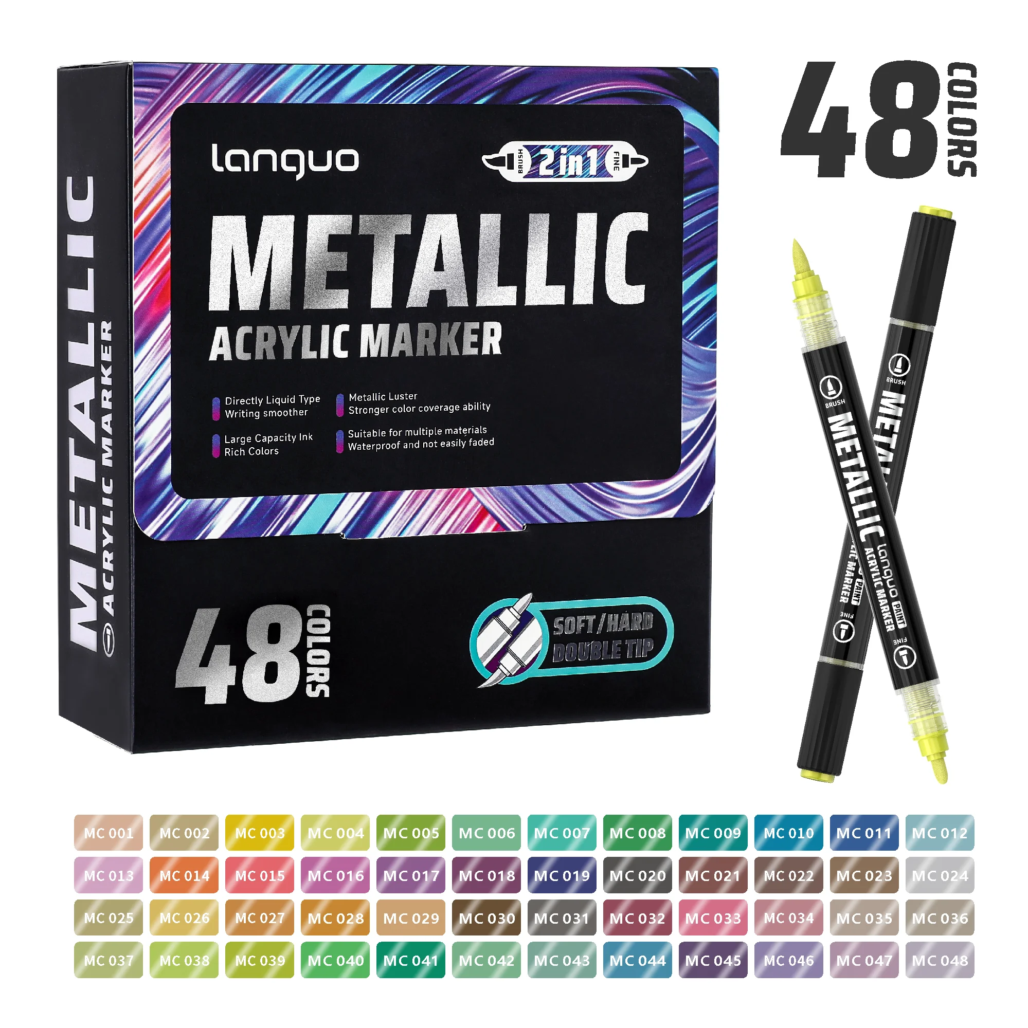 

12/24/48 Color Dual-Tip Metallic Acrylic Marker Set, 2-in-1 Soft and Hard Dual Tip, Direct Liquid Smart Ink Control System for Smoother Ink Flow, Coloring, Outlining, Model Making, Drawing, Writing, Marking, Diy..