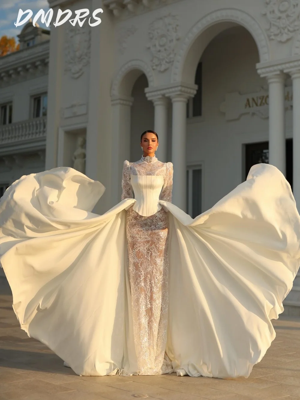 

Классическое Свадебное платье с длинным рукавом 2025 романтическое свадебное платье с высоким воротом Элегантное Атласное кружевное платье длиной до пола по индивидуальному заказу