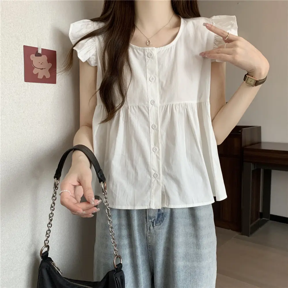 Solid Color Women\'s Summer Square Neck Buckle Sweet Ruffle Edge Loose Age Reducing Doll Shirt Flying Sleeves Fashionable Shirt