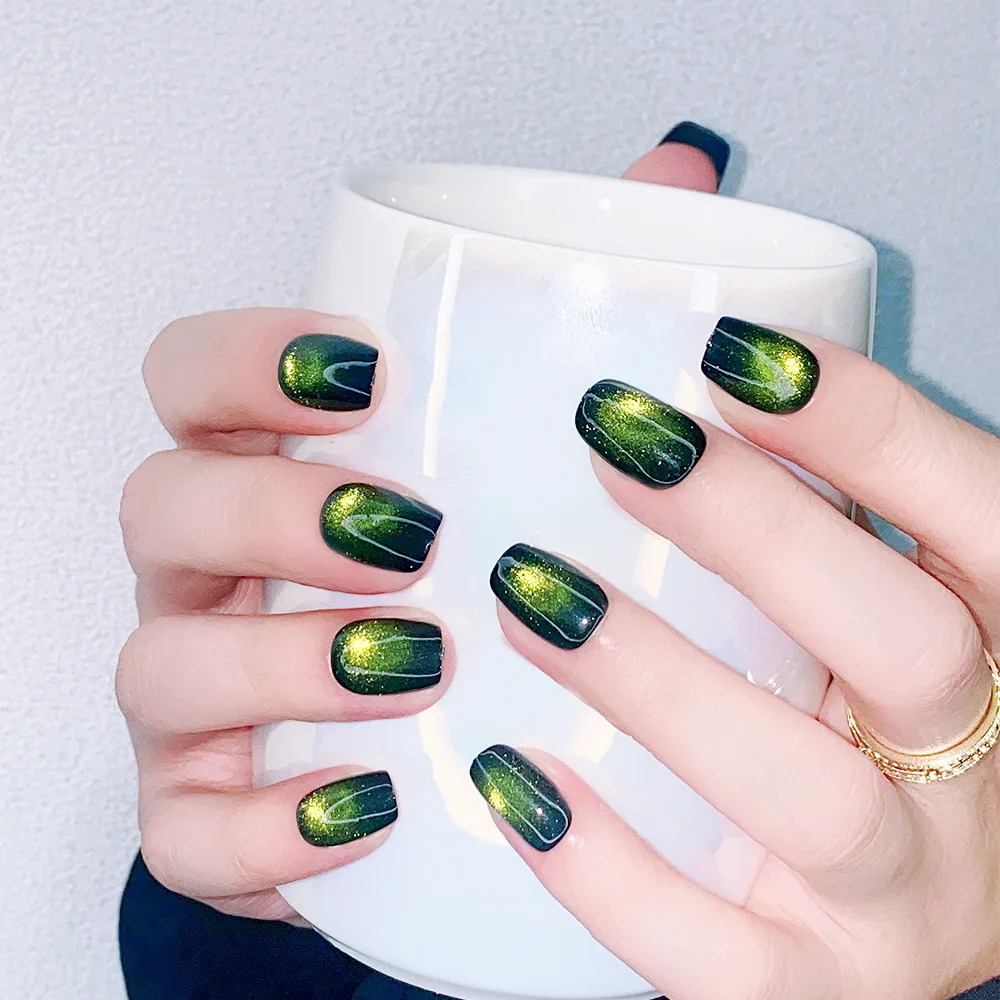 Fake Nails Medium Length Green Cat's Eye Press On Nail Tips Square False Nails Glitter Aurora Artificial Nails With Adhesive