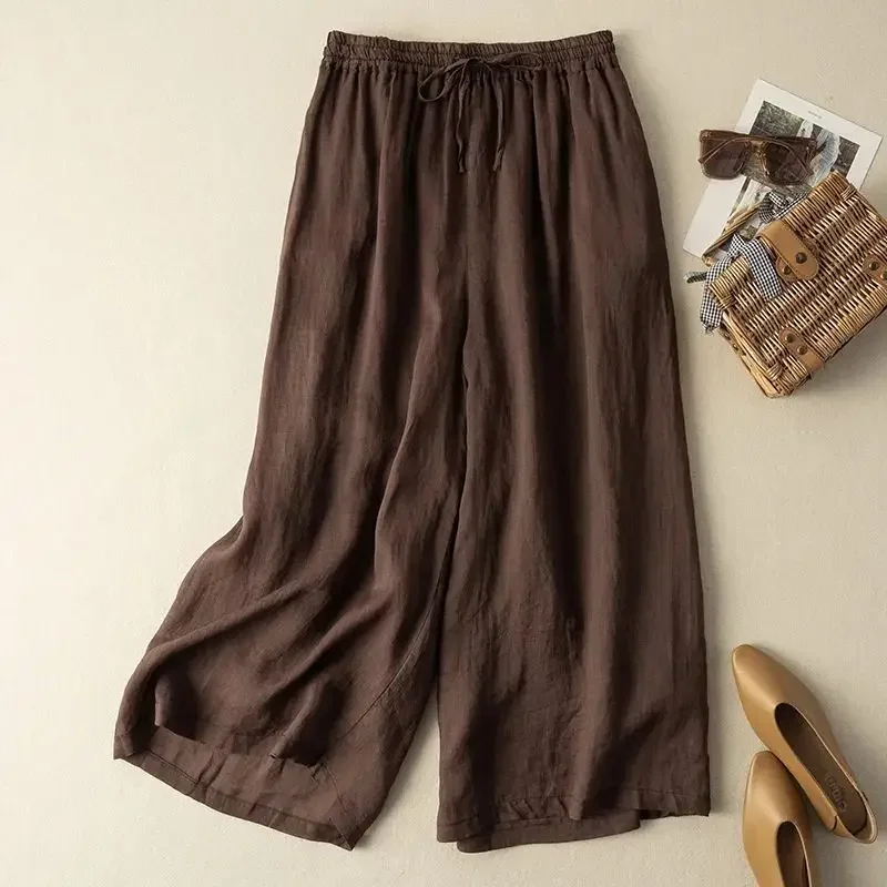 

Purple Cotton Linen Casual Elastic High Waist Loose Women's Pants Korean Fashion Wide Leg Ankle-Length Pants For Women 2024 Z451