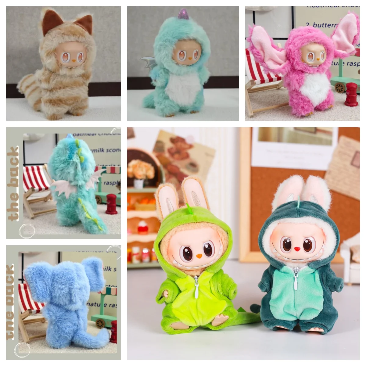 13CM Plush Doll Clothes Set for Labubu Doll Dinosaur Animal Suit with Hat 6-Piece Outfit Accessories Dolls Clothing