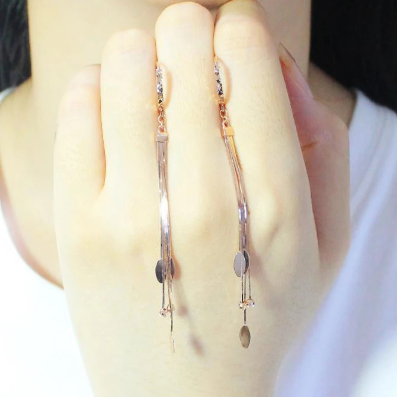 585 purple gold plated 14K rose gold long soft chain tassel earrings for women new classic charm wedding jewelry gift