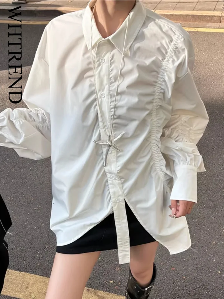 WHTREND المتخصصة تصميم شخصية مطوي المرقعة قميص أبيض مع نفخة الأكمام فضفاضة قمة الموضة 2025 الخريف WH1693 #1