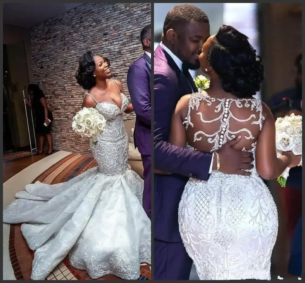 Customized Beaded Mermaid Wedding Dress Sexy Plus Size Sheer Back Black Girl Crystals Beach Bridal Gown Custom Made African Wedd