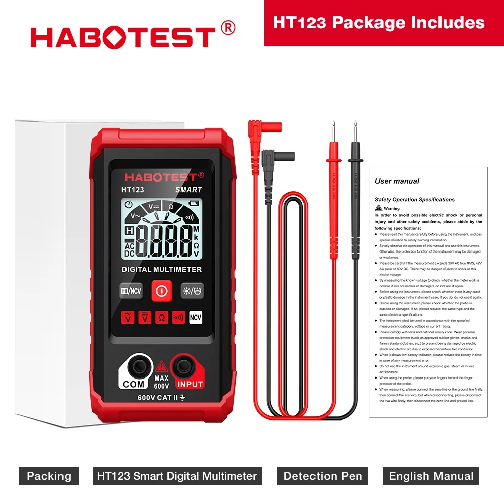 HABOTEST HT123 Slimme digitale multimeter AC/DC spanningsweerstand continuïteitmetingstester NCV-multimeter met achtergrondverlichting