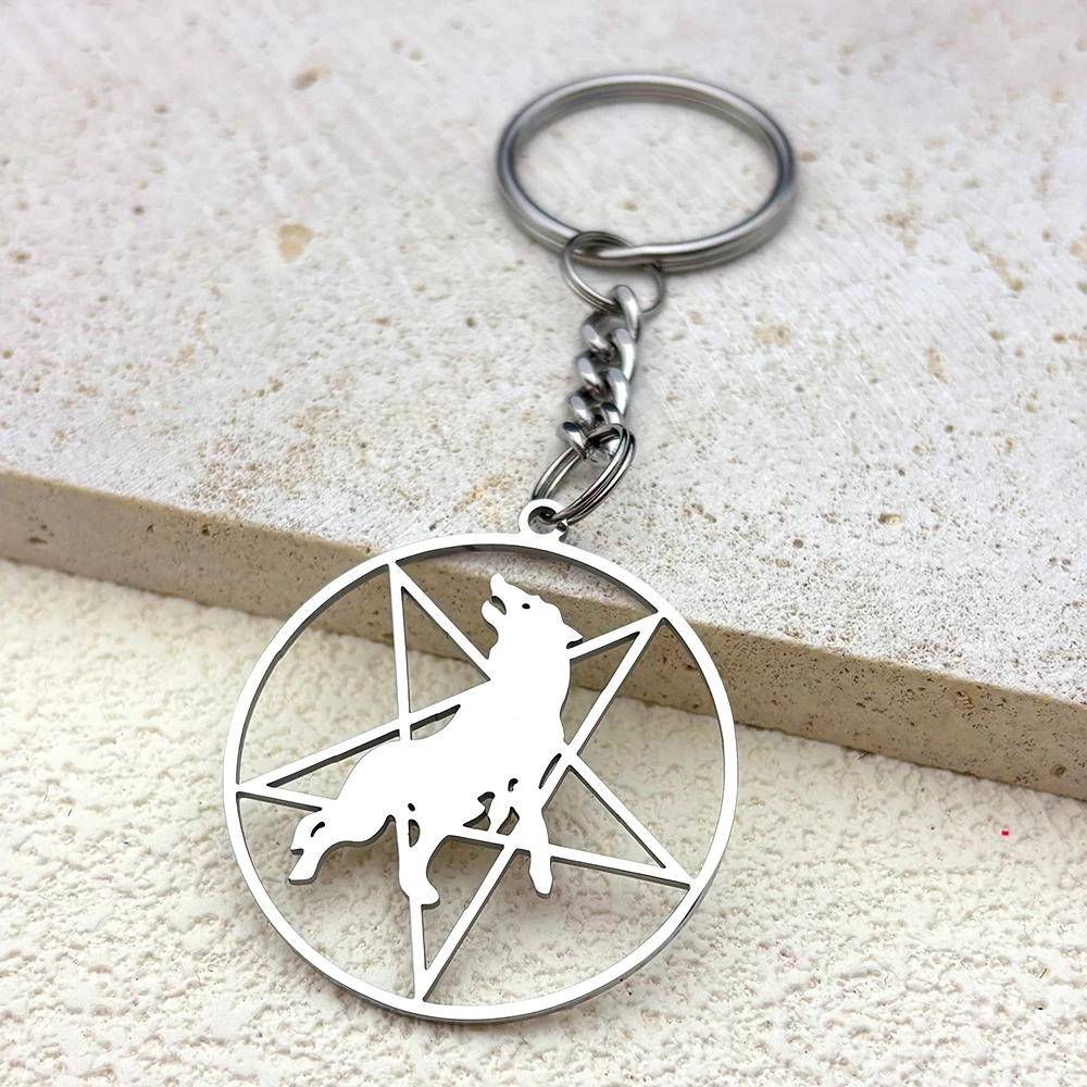 Inverted Pentagram Wolf Stainless Steel Statement Keychain For Women Men Stainless Steel Silver Color Music Band Keyring Jewery