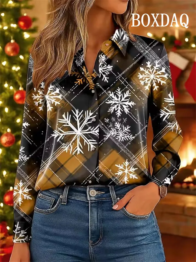 New 2025 Christmas Women's Plaid Snowflake Blouse Elegant Shirt Fashion Casual 3D Print X-Mas Party Wear Autumn Long Sleeve Tops