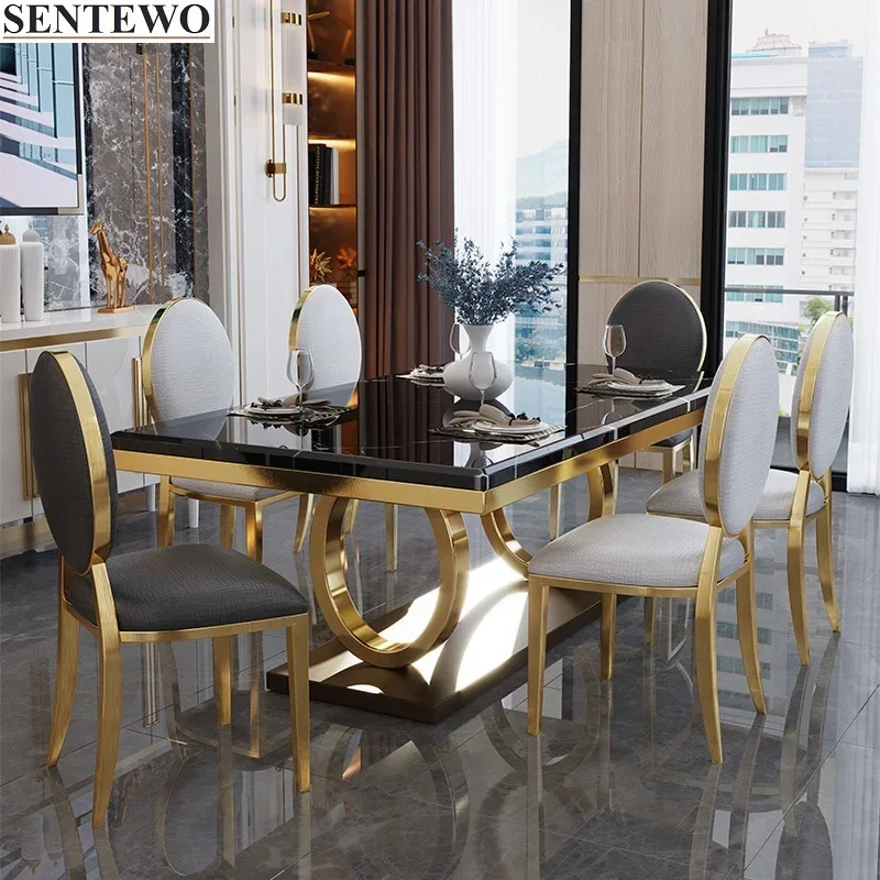 

SENTEWO Luxury Marble Dining Room Table and Chairs Set Stainless Steel Golden Plating Base table Kitchen Furniture кухонный стол