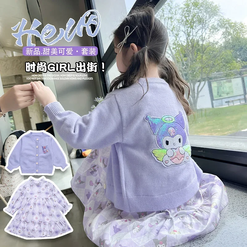 Sweet Kuromi Anime Kawaii Ins Princess abito manica lunga cappotto Set Cute Cartoon Cardigan giacca gonna abbigliamento regali per bambini