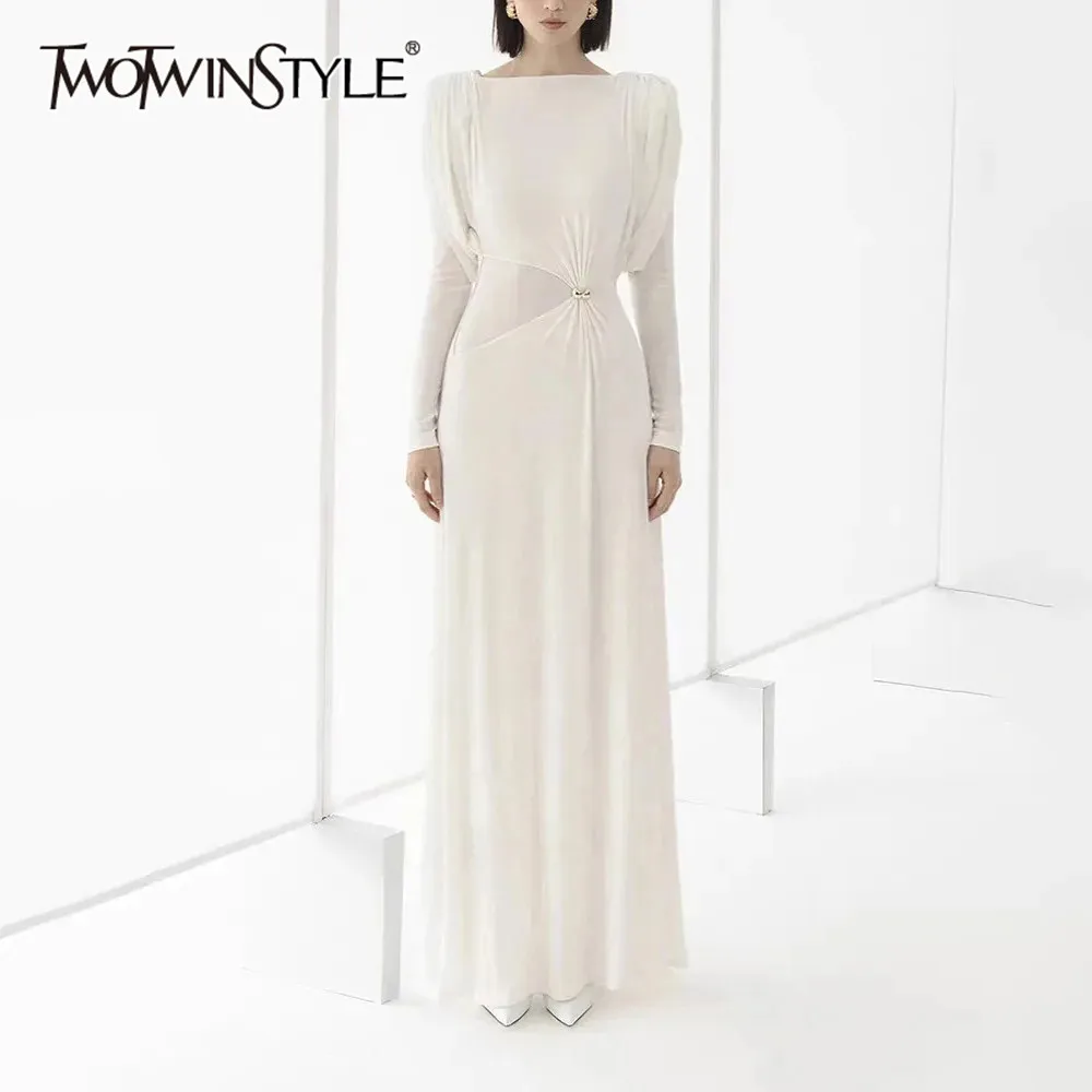 

TWOTWINSTYLE Solid Patchwork Folds Minimalist Dress For Women Round Neck Long Sleeve High Waist Slimming Elegant Dresses Female