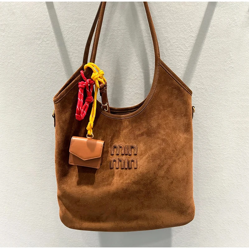 Brand Design Cowhide Frosted Bag Suede Letter High-end Handbag Genuine Leather Shoulder Armpit Bag Luxury Brown Tote Women's Bag