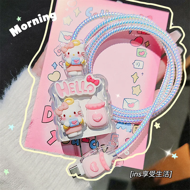 

4pcs/set Hello Kitty Data Cable Protective Case 20W for Iphone 15 14 Kawaii Cartoon Anti-fracture Charger Protective Case