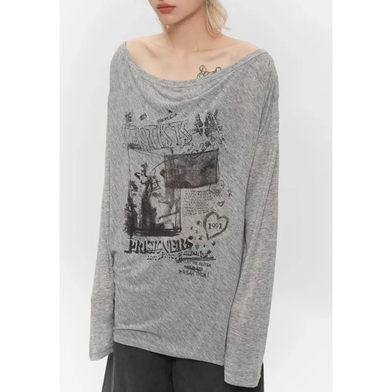 Vintage Letter Printing Sexy Loose Long-sleeved T-shirt Women 2025 Autumn New High Street Fashion All-match Thin Tops