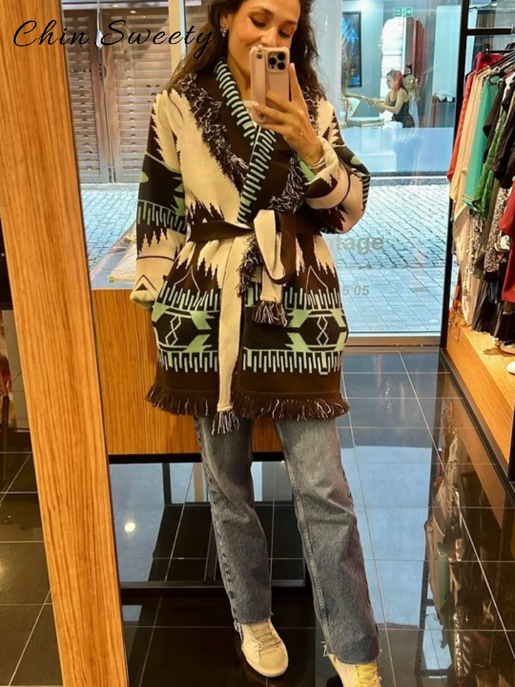 Elegant Women's Knitted Printed Tassel Cardigans With Belt Loose V-neck Long Sleeve Sweater 2026 Spring Lady All-match Outwear