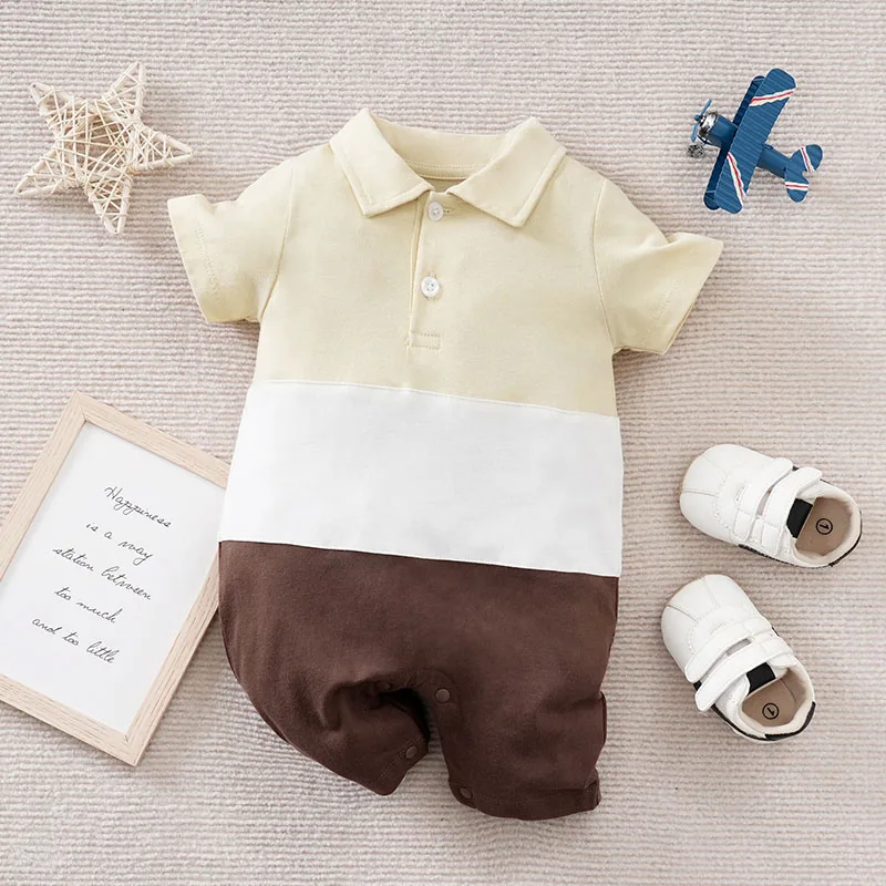 Newborn Baby Boy Girl Toddler Clothing Jumpsuit Casual Solid Color Contrasting Comfortable Cotton Summer Short Sleeved Jumpsuit