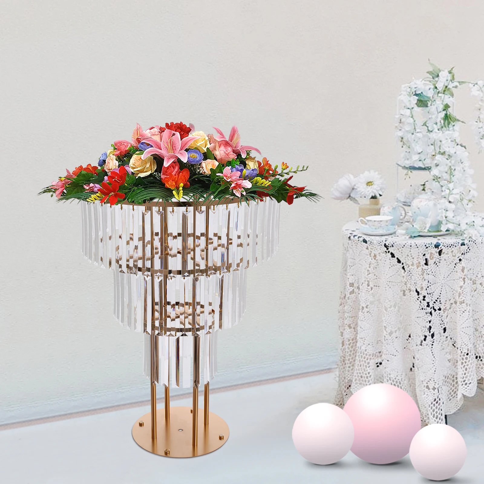 ウェディングゴールドクリスタルフラワー スタンド、ラウンドペデスタルスタンド、クリスタルフラワー スタンド