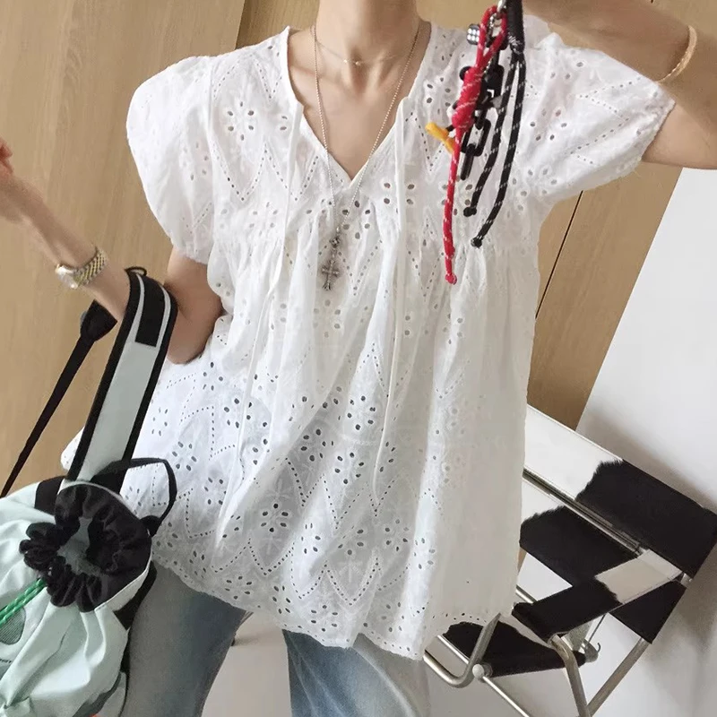 Bubble allentato Sve irt Donna Estate New Sle Sweet Sle V-ne Ricamo floreale Top ampio per giovani donne 8-24