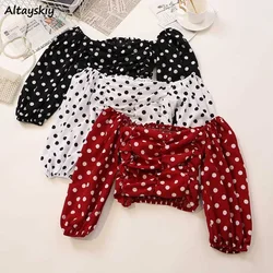 Blouse Women Sweet Summer Polka Dot Slash Neck Sexy Ladies Retro Printed Crop Top Lantern Sleeve Lovely Popular Clothing Female