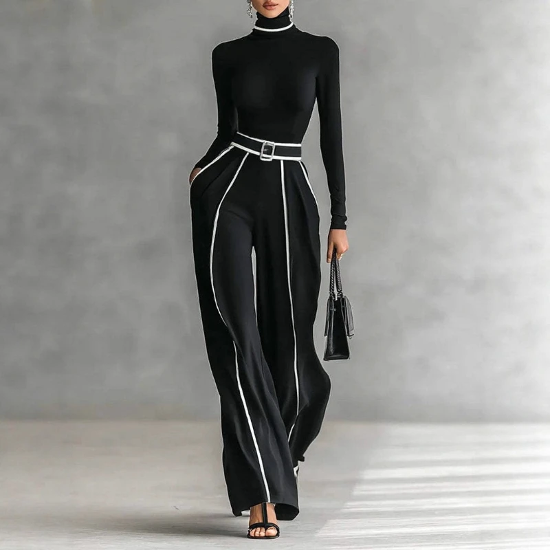 

2026 Spring New High Neck Slimming Bottom Shirt Top and Color Blocked Line Design Wide Leg Pants Two Piece Set for Women