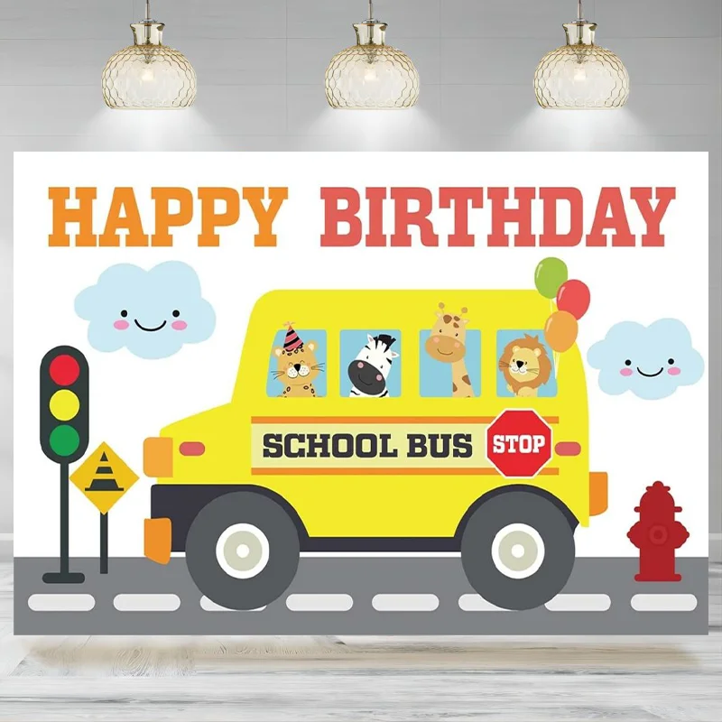 Yellow School Bus Birthday Banner Backdrop Photo Props School Bus Theme Decor First Day Welcome Party Photographic Background