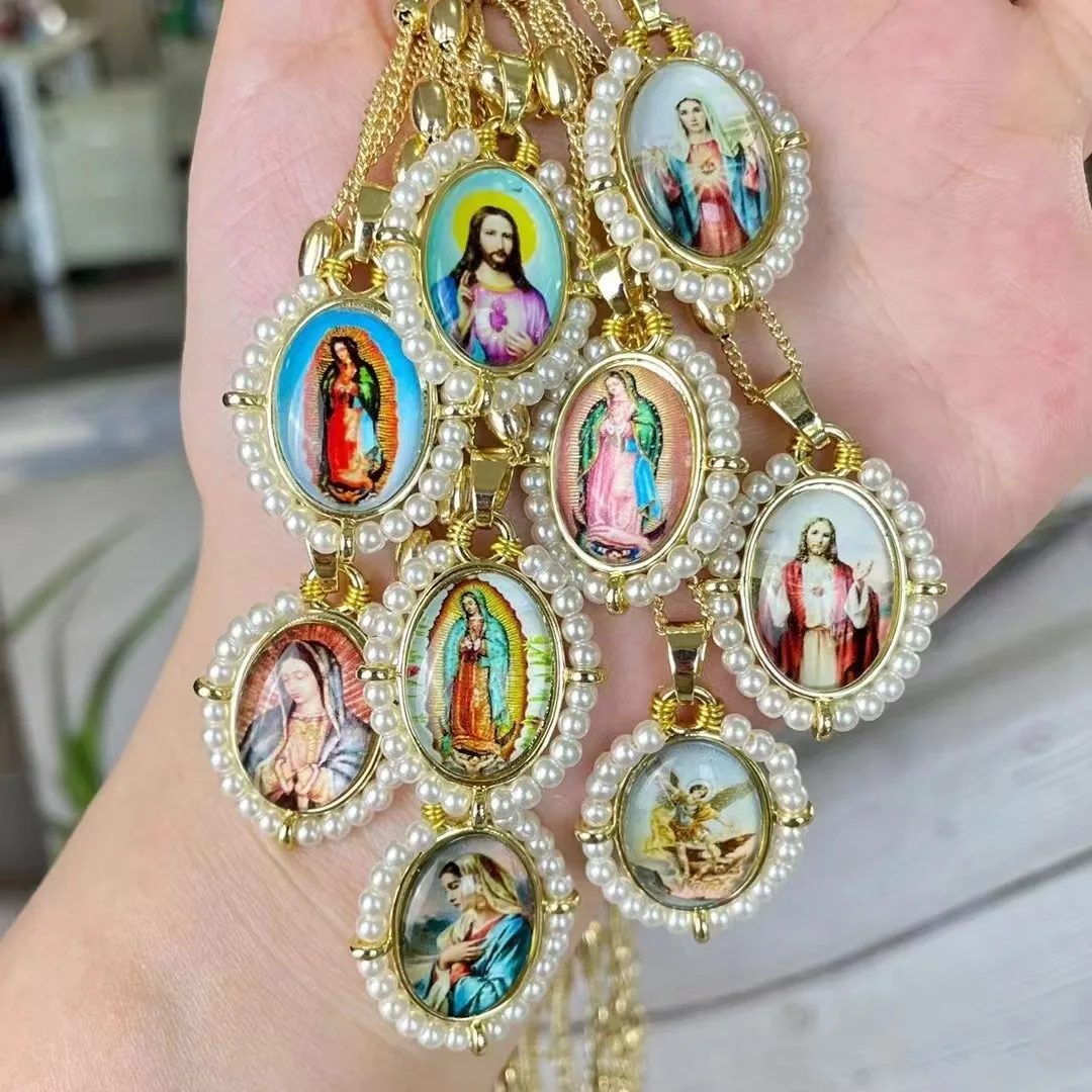 

10PCS, Religious Pendant Necklace Virgin Mary Golden Color Christian Jesus Oval Copper Catholic Men Women Religion Gifts