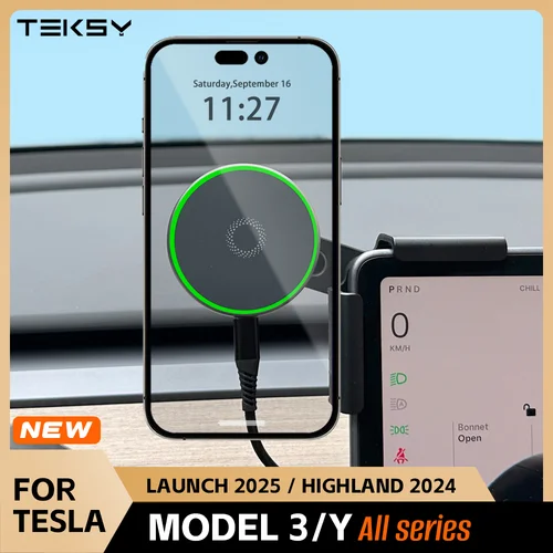 Imagen 1 del producto Para Tesla Model Y Launch 2025 Model 3 HIGHLAND 2024 Cybertruck BYD soporte de montaje para teléfono de coche 15W cargador inalámbrico magnético Magsafe