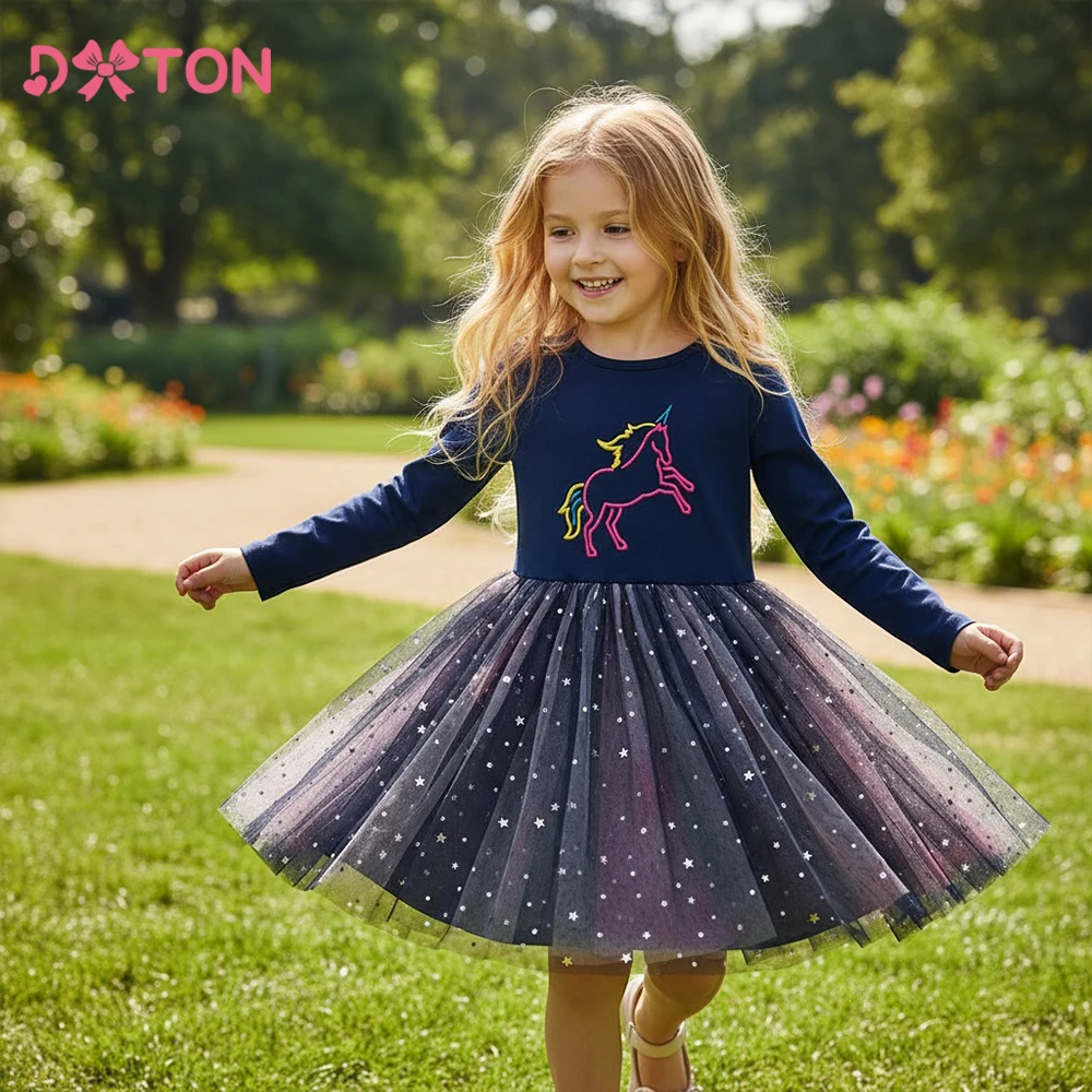 

DXTON Unicorn Cartoon Kids Costume Spring Autumn Girls Dresses Star Sequined Blingbling Mesh Children Wedding Party Clothing