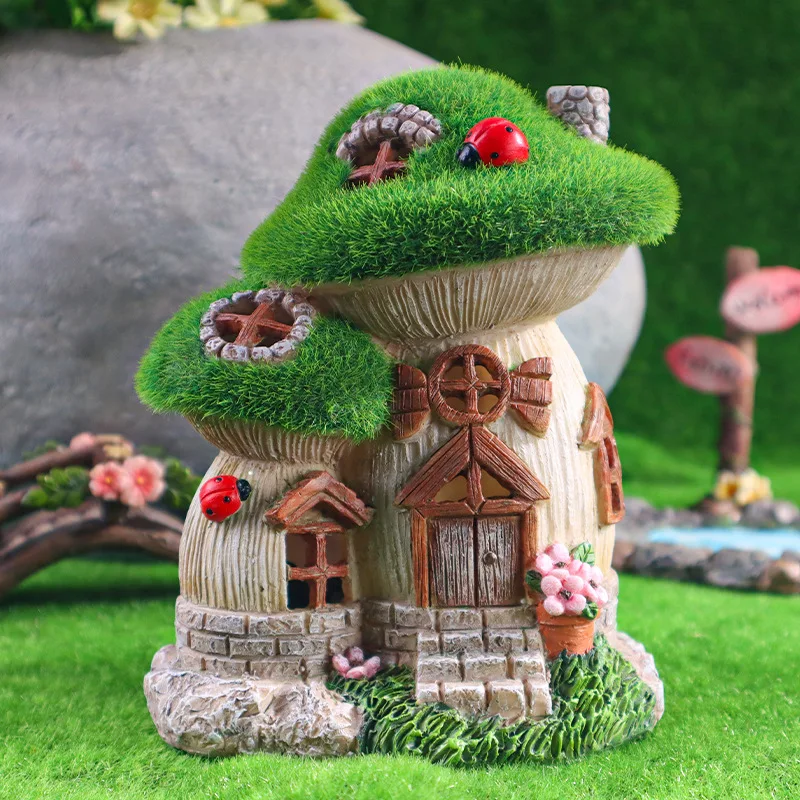 Garden Solar Night Light Mushroom House Flower Outdoor Courtyard Landscape Decoration Ornaments Resin Crafts Porch Accessories