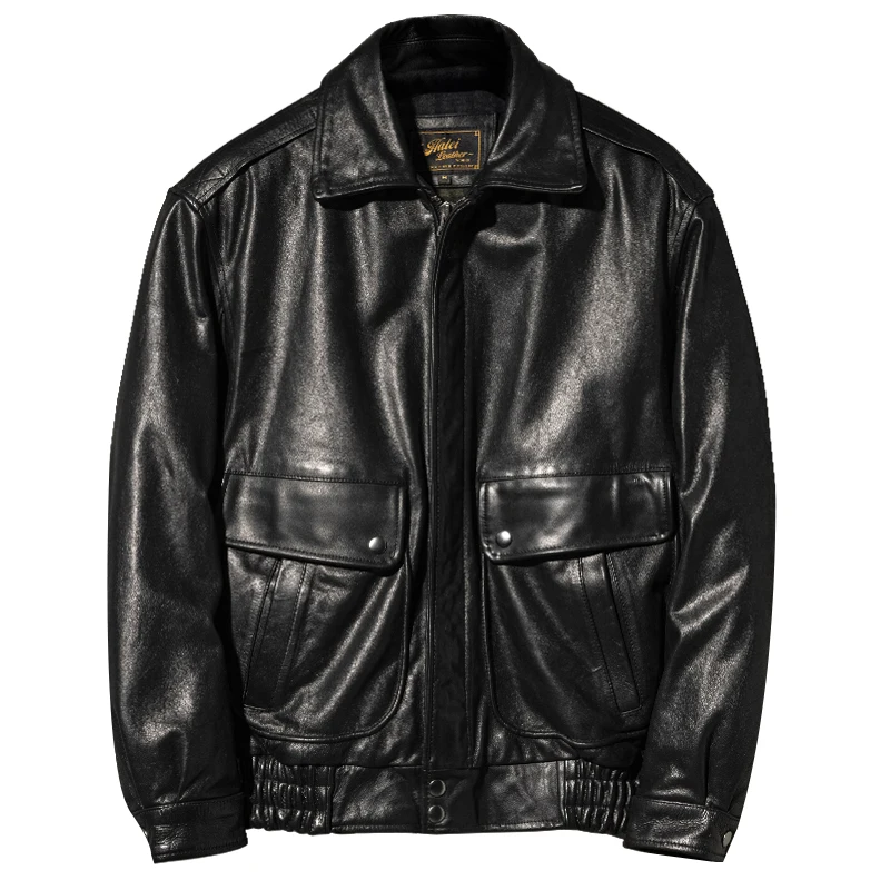 Black Autumn Pilot Leather Jacket Men Retro Style Plus Size 5XL Genuine Natural Cowhie Flight Leather Coat