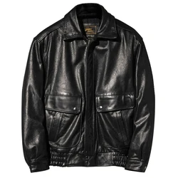 Black Autumn Pilot Leather Jacket Men Retro Style Plus Size 5XL Genuine Natural Cowhie Flight Leather Coat
