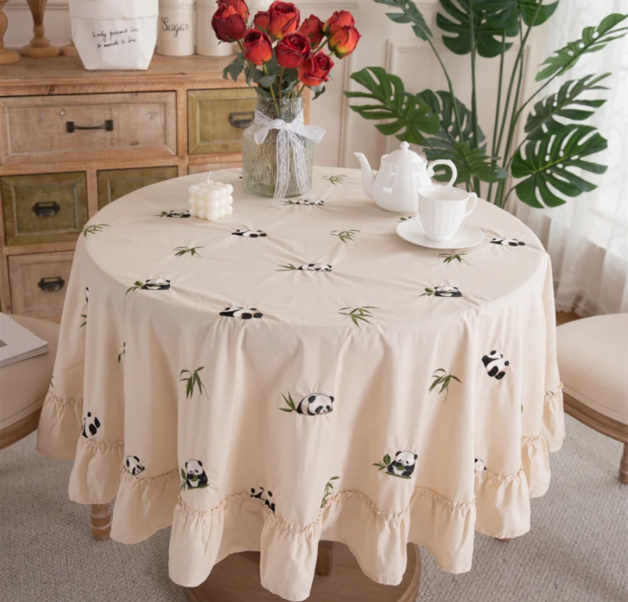 Cute Embroidered Cotton Tablecloth with Ruffle Hem Beige Farmhouse Round Rectangle Table Cover for Kitchen Dining Room