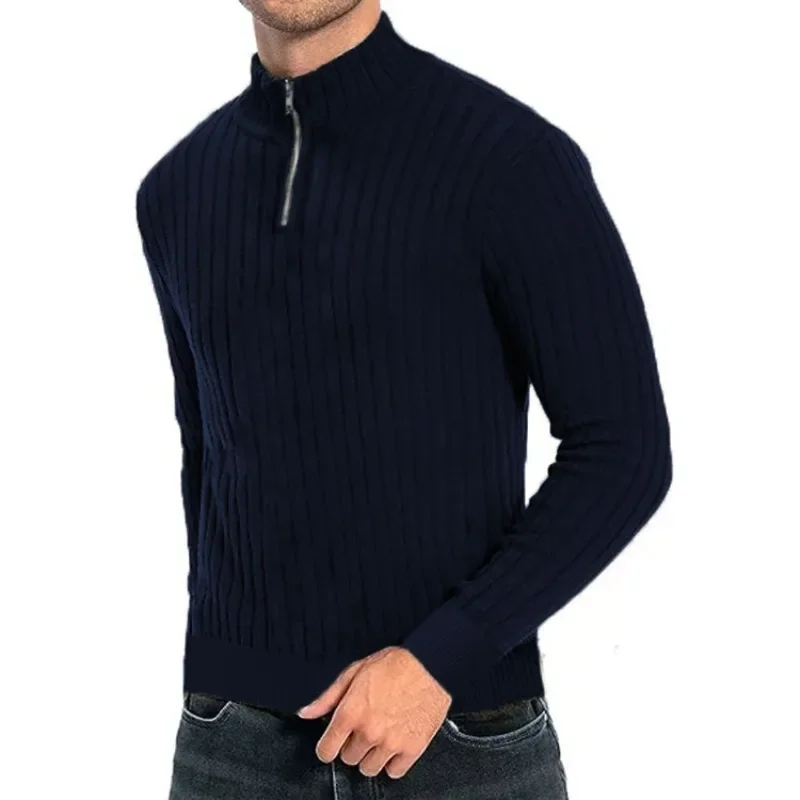 Men's Semi High Neck Zipper Knitted Sweater, 2024 Autumn Loose Sweater, Casual Pullover Long Sleeved Knitted Sweater