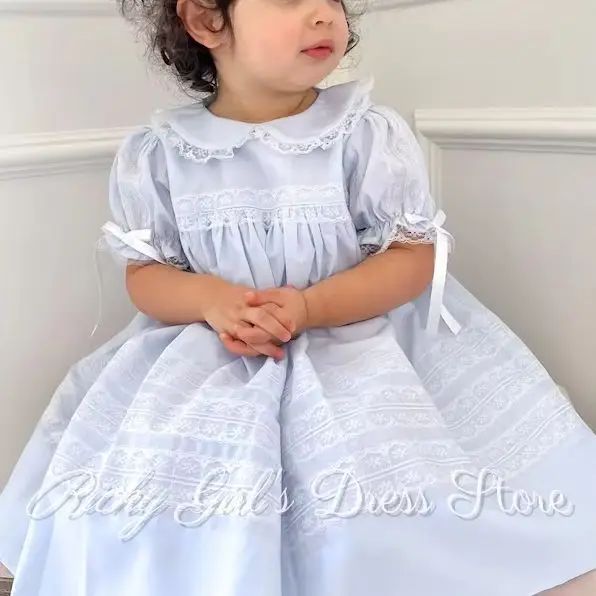 Customized Simple Doll Collar Blue Flower Girl Dresses With Sleeves For Wedding Ceremonies Dance Performance Beauty Pageant