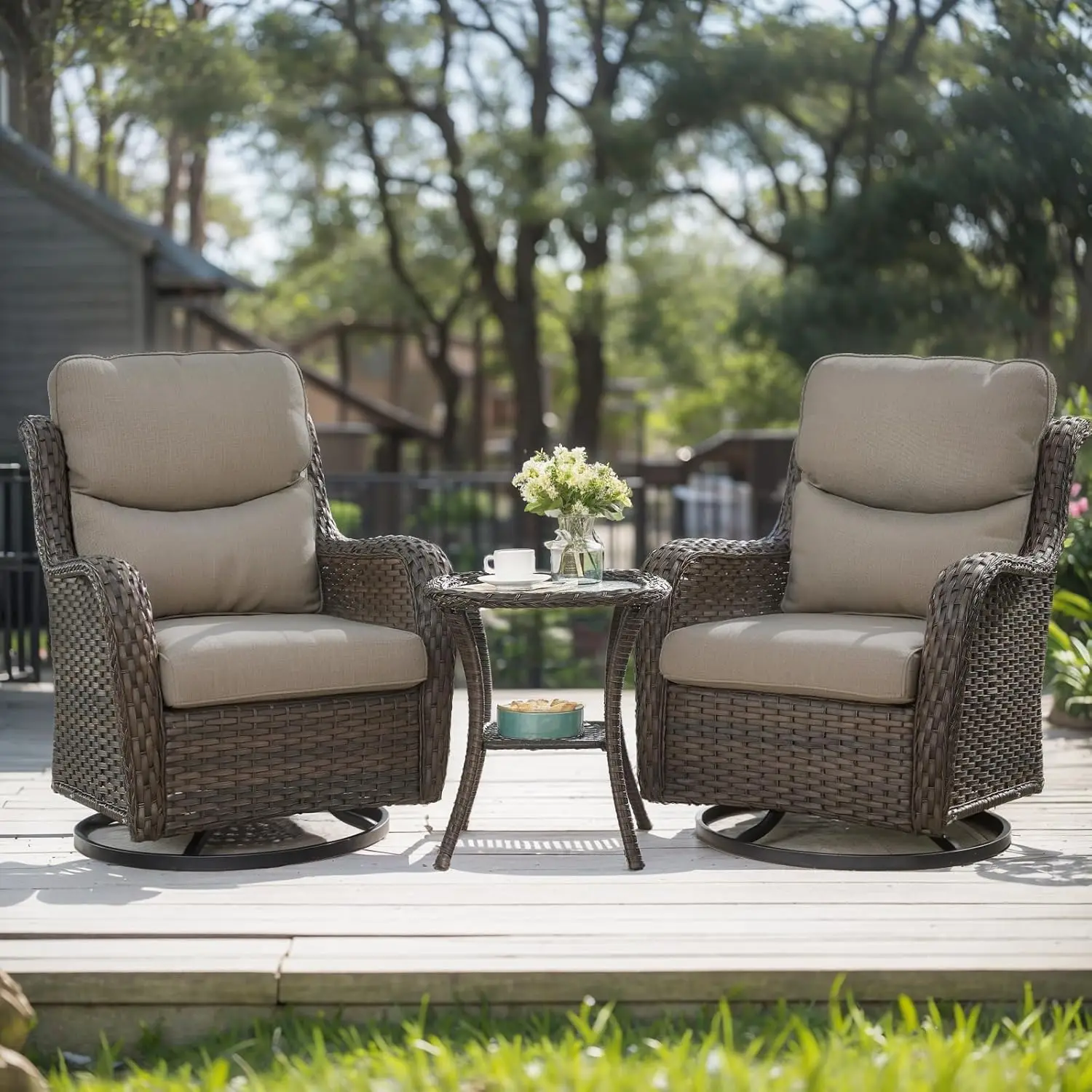 

High Back Outdoor Swivel Rocker Patio Chair Set 2 Thick Cushion Side Table All Weather Porch Poolside Deck Yard, Customized
