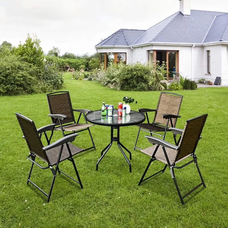 

5-Piece Outdoor Bistro Furniture – 4 Folding Sling Chairs, Round Tempered Glass Table Yard Garden