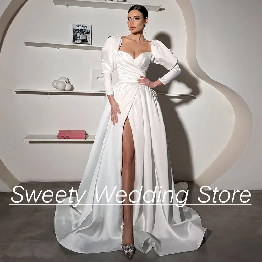 

Sexy Lady Wedding Dress Satin Bridal Gown V Neck Long Sleeves Pleat Court Train High Slit A Line Corset Bride Dresses Custom