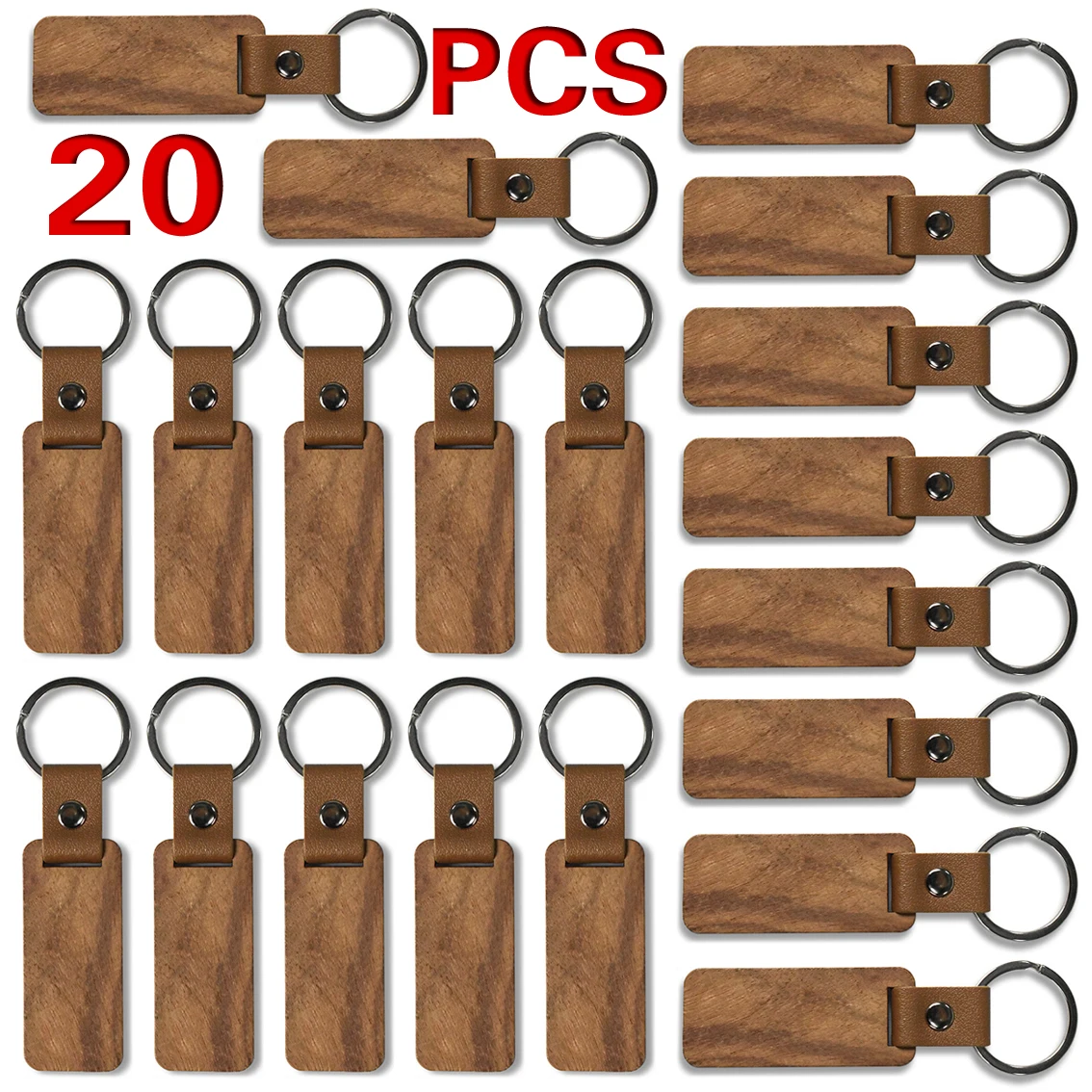 20Pcs Wood PU Leather Keychain DIY Souvenir Keyring Leather Sublimation Blank Wooden Key Chains Keychain